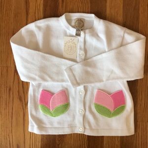 NWT TBBC white cardigan with tulip appliqué